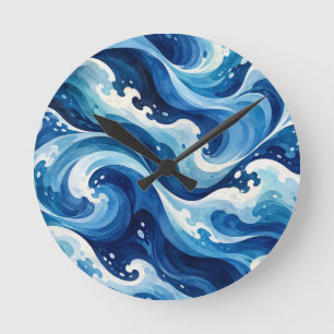 Reloj Redondo Mediano Manta costera de acuarela de olas de océano azul a