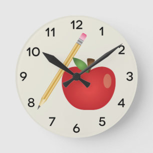 Reloj Redondo Mediano Manzana de dibujos animados rojos y lápiz amarillo