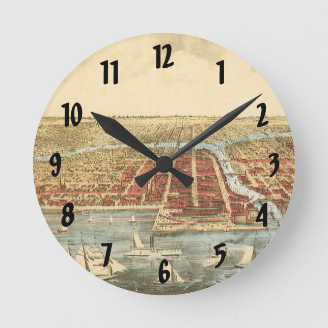 Reloj Redondo Mediano Mapa Antiguo de Chicago, Calle LaSalle y Río (Anverso)