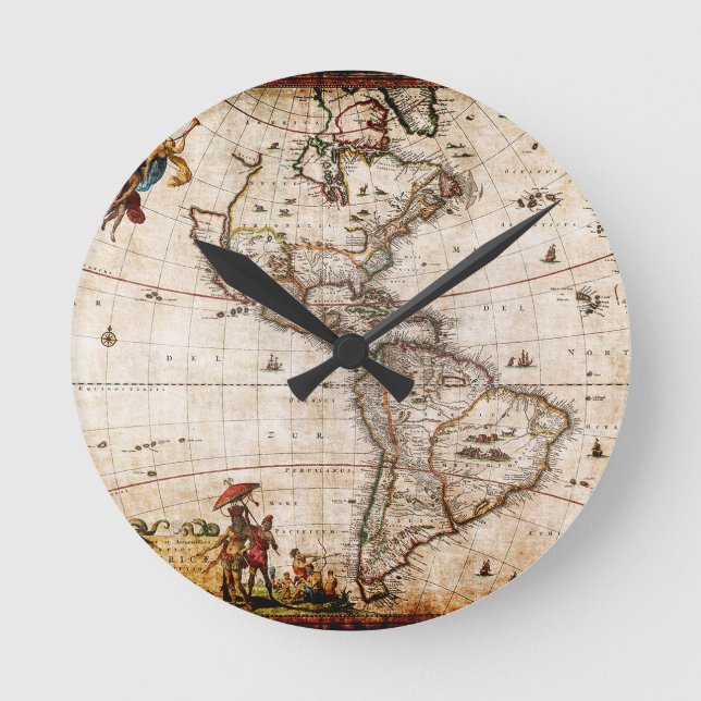 Reloj Redondo Mediano Mapa antiguo de Continente América (Anverso)