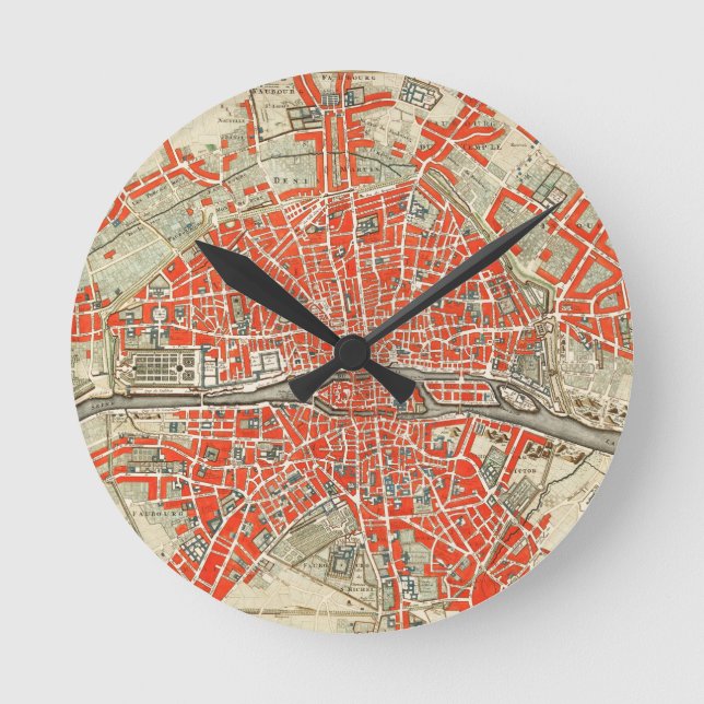Reloj Redondo Mediano Mapa Antiguo de París Francia (1721–1774) (Anverso)