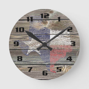 Reloj Redondo Mediano Mapa auténtico y rústico de Texas y bandera en mad