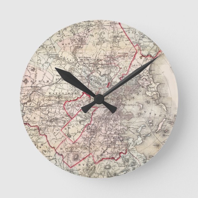 Reloj Redondo Mediano Mapa: Boston, 1883 (Anverso)