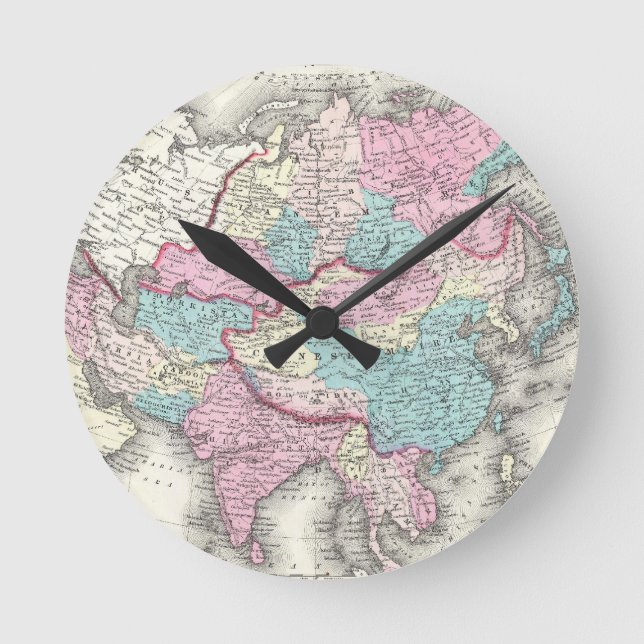 Reloj Redondo Mediano Mapa de época de Asia (1855) (Anverso)