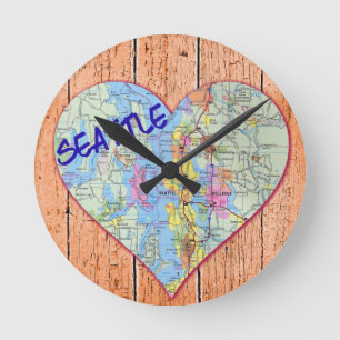 Reloj Redondo Mediano Mapa de Seattle Corazón