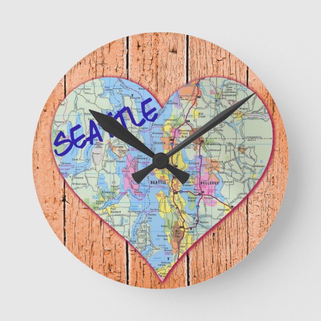 Reloj Redondo Mediano Mapa de Seattle Corazón (Anverso)