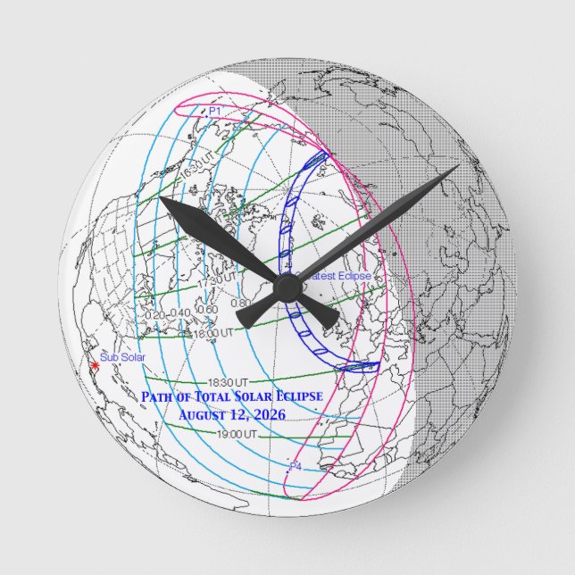 Reloj Redondo Mediano Mapa del eclipse solar total de 2026 (Anverso)