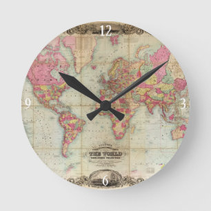 Reloj Redondo Mediano Mapa del mundo antiguo de Juan Colton, circa 1854