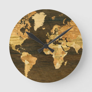 Reloj Redondo Mediano Mapa del mundo de madera
