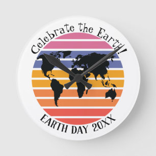 Reloj Redondo Mediano Mapa del mundo del Día de la Tierra Retro Silueta 