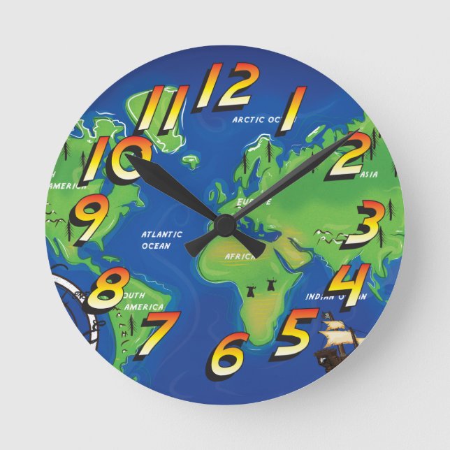 Reloj Redondo Mediano Mapa mundial (Anverso)