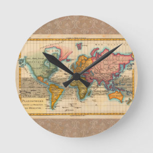 Reloj Redondo Mediano Mapa Mundial 1780 Planisferio Antiguo de Bonne 