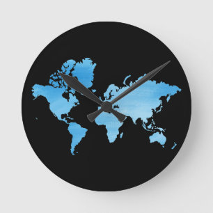 Reloj Redondo Mediano Mapa Mundial Azul Minimalista Arte Acuarela