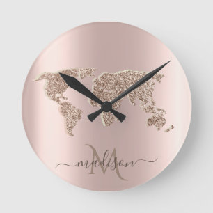 Reloj Redondo Mediano Mapa Mundial de Viaje con Brillo Rosa Dorado Monog