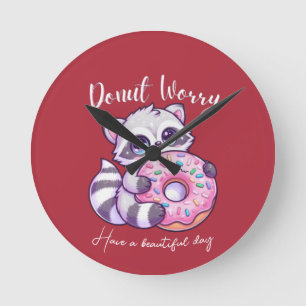 Reloj Redondo Mediano Mapache Kawaii Donut No Te Preocupes