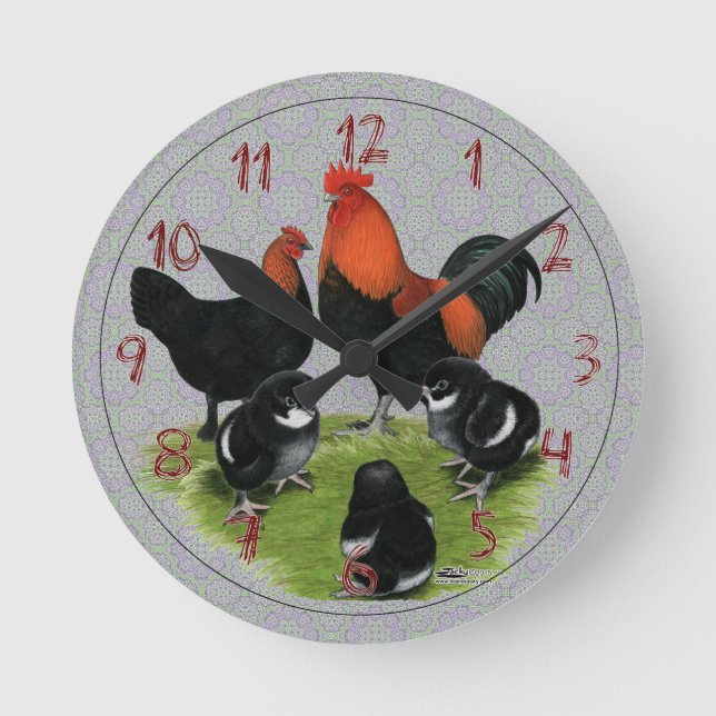 Reloj Redondo Mediano Marans Black Copper Chicken Family (Anverso)