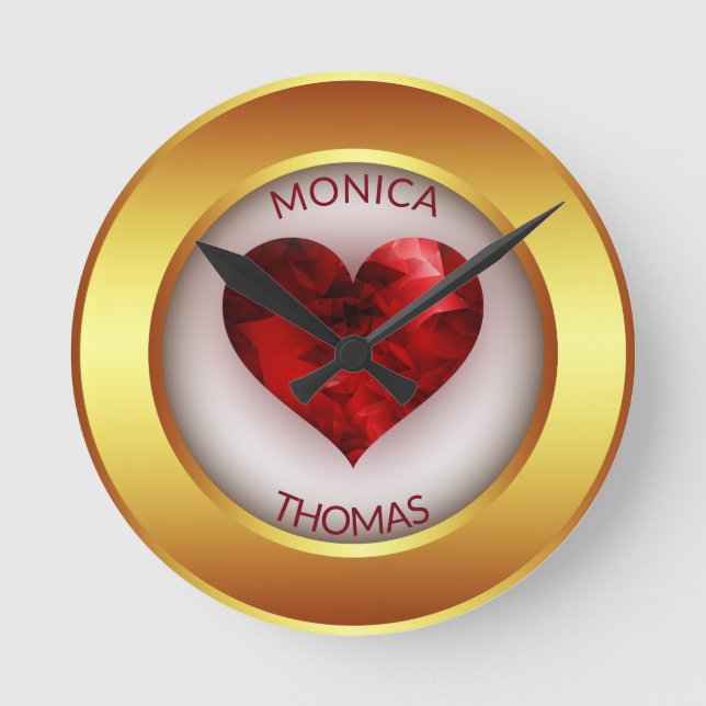Reloj Redondo Mediano Marco Círculo Oro Y Corazón Rojo (Anverso)