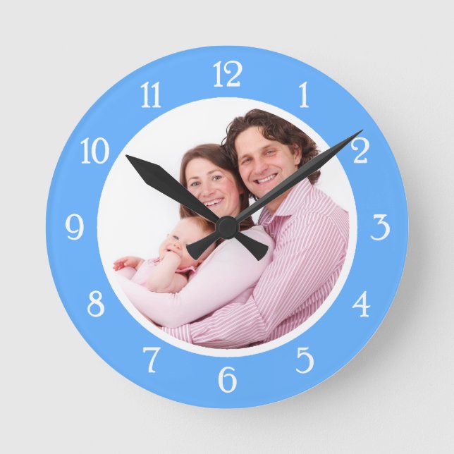 Reloj Redondo Mediano Marco de foto azul para bebé (Anverso)