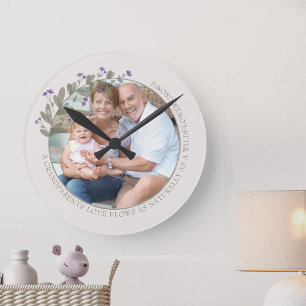 Reloj Redondo Mediano Marco de foto de abuelos Floral Flor silvestre púr