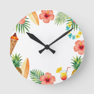 Reloj Redondo Mediano Marco de Hibisco Tropical Vibraciones de Aloha