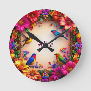 Reloj Redondo Mediano Marco floral brillante con pájaros coloridos en la