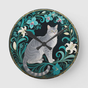 Reloj Redondo Mediano Marco Floral Ornamentado de Gato Gris