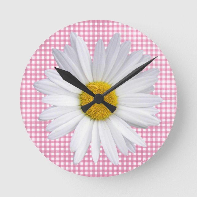 Reloj Redondo Mediano margarita blanca en gingham rosa (Anverso)