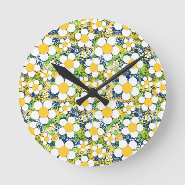 Reloj Redondo Mediano Margarita Mediterránea Azul Amarillo y Blanco (Anverso)