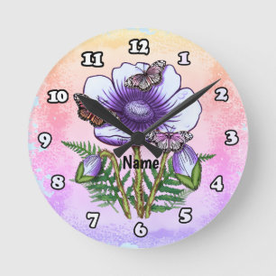 Reloj Redondo Mediano Mariposa Amapola Púrpura