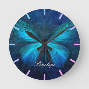 Reloj Redondo Mediano Mariposa azul de alegría y suerte