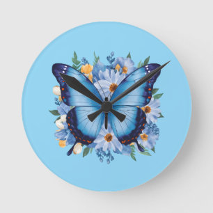 Reloj Redondo Mediano Mariposa Azul Grácil en Floral