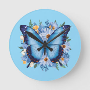 Reloj Redondo Mediano Mariposa Azul Grácil en Floral