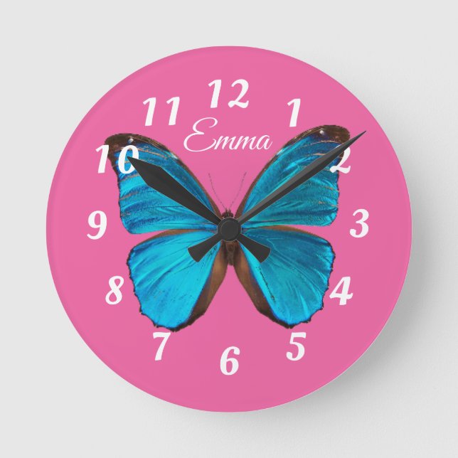 Reloj Redondo Mediano Mariposa azul y rosa suave personalizada (Anverso)