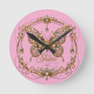 Reloj Redondo Mediano Mariposa de cristal dorado brillo lujo joyería art