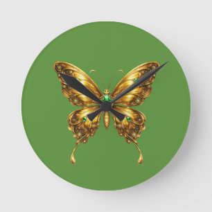 Reloj Redondo Mediano Mariposa de cristal esmeralda dorada