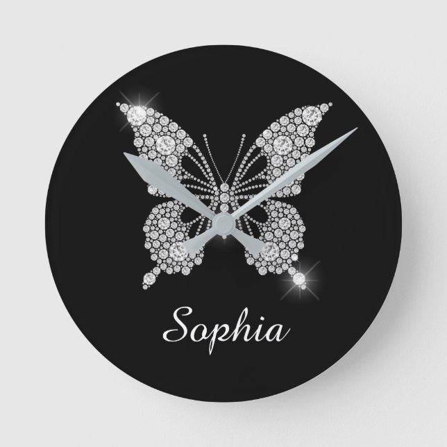 Reloj Redondo Mediano Mariposa de diamante blanco, nombre de guión DIY,  (Anverso)