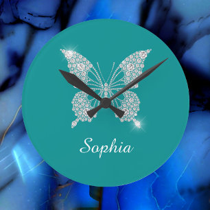 Reloj Redondo Mediano Mariposa de Diamante Blanco, Nombre de Letra, Azul