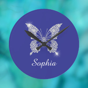 Reloj Redondo Mediano Mariposa de Diamante Blanco, Nombre de Letra, Azul