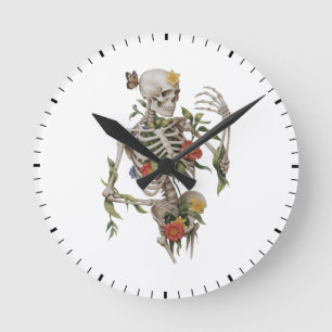 Reloj Redondo Mediano Mariposa de Esqueleto Floral Arte Botánico Cráneo