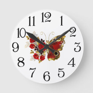 Reloj Redondo Mediano Mariposa de flor roja con rosas rojas