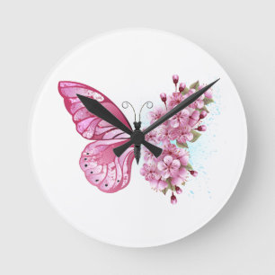 Reloj Redondo Mediano Mariposa de flores con Sakura rosa
