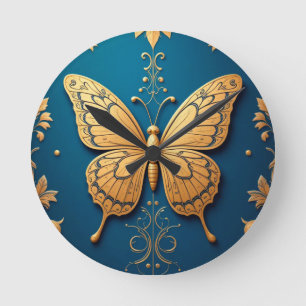 Reloj Redondo Mediano Mariposa Dorada Ornamentada Con Patrón Floral