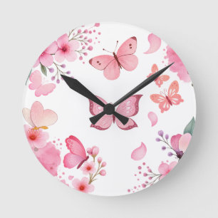 Reloj Redondo Mediano Mariposa floral jardín acuarela rosa