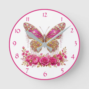 Reloj Redondo Mediano Mariposa Glamurosa Rosa y Floral Dorado