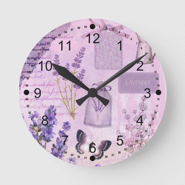 Reloj Redondo Mediano Mariposa Lavender Floral Lilac Ephemera  (Anverso)