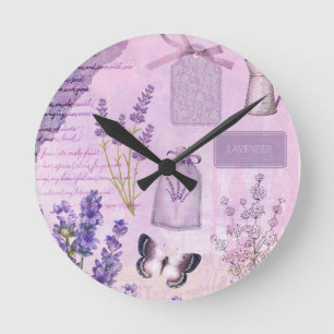 Reloj Redondo Mediano Mariposa Lavender Lilac Floral Ephemera