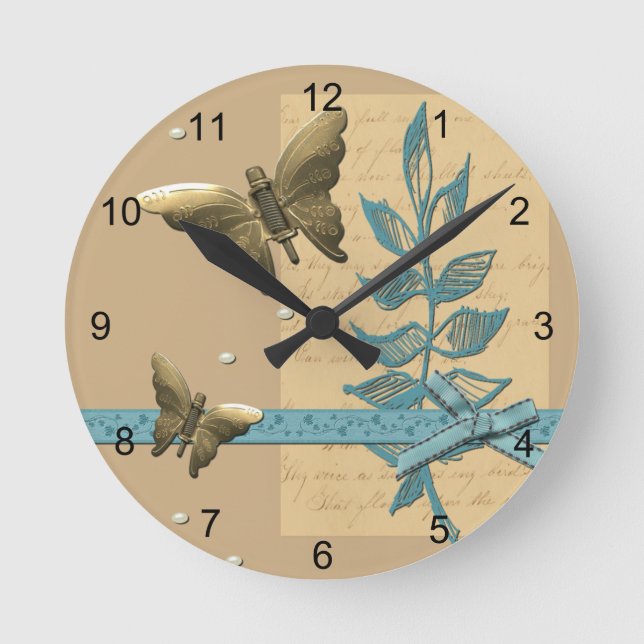 Reloj Redondo Mediano Mariposa Metalizado Steampunk (Anverso)