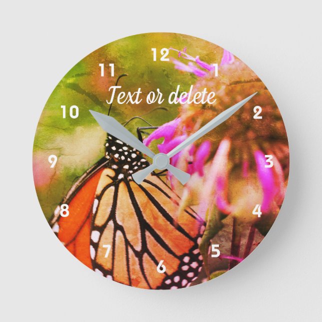 Reloj Redondo Mediano Mariposa Monarca En Flor Resumen Personalizado (Anverso)