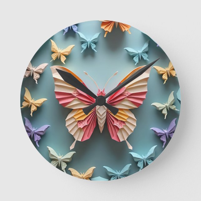 Reloj Redondo Mediano Mariposa Origami (Anverso)