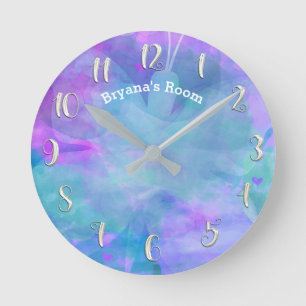 Reloj Redondo Mediano Mariposa Teal de Acuarela Pastel con Nombre Person